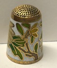 Vintage White Background Flowers Enamel Cloisonn   Brass Thimble Sewing