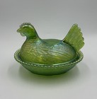 Vintage Indiana Glass Lime Green Carnival Hen On Nest Iridescent 7    Dish Htf