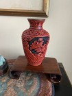 Pair Beautiful Chinese Cinnabar Hand Carved  Blue Enamel Vtg Vases