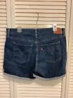Levis Mid Length Jean Shorts Womens Size 32  36   w dark Blue Denim Cuffed Stretch