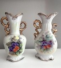 Vintage Hand-painted Vases Pair Fruit Motif With Gold Trimmed Handles