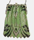 1920s Enameled Art Deco Nouveau Flapper Green And Black Metal Mesh Bag Purse