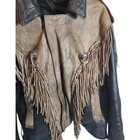 Vintage 80s Black   Tan Leather Jacket Fringe Tassels Motorcycle 2 Tone Concho