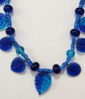 Glass Bead Necklace Earrings Set 2 Tone Blue Leaves Silvertone Artisan Made