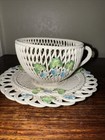 Belleek Shamrock And Blue Floral Woven Cup And Saucer Basket Weave