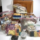 Vintage Retro Plastic Amber Sewing Box And Tray Filled With Sewing Accessories 