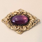 Vintage Victorian Revival Purple Glass Brooch Pin Filigree Gold Tone