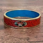 Vintage Cloisonne Cinnabar Bracelet Carved Bangle Enamel Brass Chinese Export