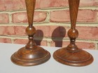 Unusual Antique Vintage Turned Oak Wood   Tin Candlesticks 9 5 8  9 3 8 