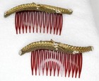 Pair Antique Gold Microbead  Faux Pearl  Repousse Goldtone Feather Hair Combs