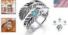 Vintage Turquoise Feather Ring In 925 Sterling Silver - Adjustable Unisex Design