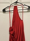 Red Satin Evening Gown With Draped Halter Neckline And Slit