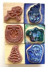 Christmas Rubber Stamps Set Of 6 Small 1 25x1 25  Wood Mount Snowman Tree Mitten