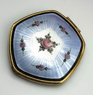 Vtg Blue Guilloche Enamel Pink Roses Powder Compact Gold Tone Purse