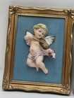 Pair 1972 Cherubs Playing Instruments Mounted On Velvet In Frames Wall Hangings