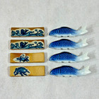 Ceramic Chopstick Rests Blue   White Koi Fish Crab Ocean Waves 2 Sets 4 Lot Of 8