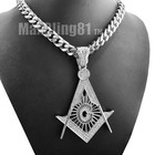 Silver Plated Cubic Zirconia Large Masonic Freemason   10mm Cuban Chain Necklace
