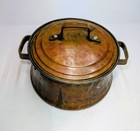 Vintage Hammered Copper 8  Wide   Stew Pot With Lid   Brass Handles