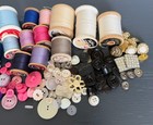 Vintage Sewing Notions Estate Craft Lot Wood Thread Spools  Snaps  Pins  Cushion