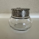 Vtg 85  Silver   Glass Ink Well Flip Top W lovely Design  2    Tall  7    Round