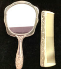 Vintage Silver Plated Hand Mirror   Comb Set Embossed Floral   Scroll Work