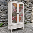 55   Tall French Country Hand Painted Floral Glass Pantry Curio Wood Cabinet Mcm