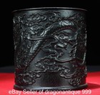 5 4  Old Chinese Ebony Wood Carving Dragon Beast Brush Pot Pencil Vase