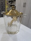 Vintage Glass Ice Bucket With Brass Lid  Handles  And Tongs 
