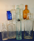 Lot Of 9 Antique Vintage Old Glass Medicine Bottles Blue Clear Embossed Mixed