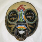 Ghana African Beaded Brass Wood Carved Tribal Mask Wall Decor Vtg 1970s  10 