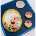 Victorian Brooch 3 Stud Buttons Hand Painted Porcelain Pink Red Roses Gold Gilt