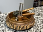 Vtg Nut Cracker Set Rustic Wooden Tree Bark Bowl With Metal Cone Shaped Cracker