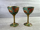 Vintage Set Of 2 Brass Enamel Goblets With Cloisonne Art Wine Cups Glasses