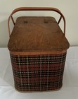 Redmon Vintage Handled Wicker Picnic Basket Large Mcm Plaid
