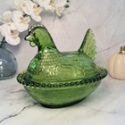 Hen On Nest Chicken  Olive Green Indiana Style Glass Candy Dish  Vintage Style
