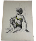 Original Pen Ink Drawing Seated Female Figure Green Swimsuit Signed 1970s Groovy