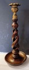 Antique English Oak Open Barley Twist Candlesticks Candle Holder Brass Top 12 
