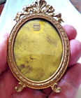 Miniature Antique French Oval Gilded Brass Or Bronze Picture Frame With Bow Top