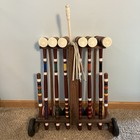 Vintage Style Wood Croquet Set   Rolling Caddy   6-player Set Unmarked   Clean