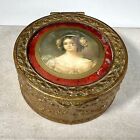 Antique French Gilt Bronze Portrait Trinket Box Dresser Box Floral Velvet Round