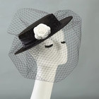 French Style Audrey Hepburn Black Camellia Veil Hat Vintage British Flat Top Flo