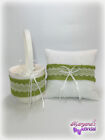 Burlap Lace Ivory Green Moss Ring Pillow Holder   Flower Girl Basket Wedding Set