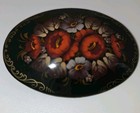 Vintage Russian Oval Floral Flower Black Lacquer Brooch Pin Hand Painted Signed