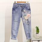 Womens Floral Embroidered Jeans Girls Fashion Ripped Denim Pants Bf Trousers