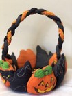 Vintage Fabric Panel Halloween Basket Candy Dish Jack O Lantern   Black Cats 