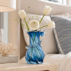 Hand Blown Blue Glass Vase  Wavy Wide Mouth Coastal Flower Vase