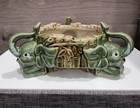 Vintage Green Majolica 3 Baby Elephant Head Round Planter Lucky Trunk Up Pot