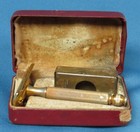 Vintage Early Gillette Gold Tone Safety Razor With Tin Razor Box In Original Box