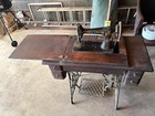 Antique Vintage Singer Sewing Machine In Walnut Cabinet And Wrought Iron  Local