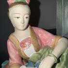 Chinese Porcelain Figurine Of A Reclining Woman With A Dog Vintage